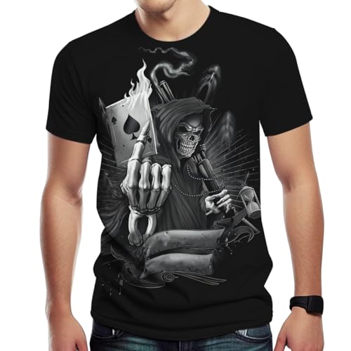 Srcnhim Mens 3D Poker Skull Graphic Tees Casual Short Sleeve T-Shirt Pattern Vintage Funny Casual Shirt,Black,M