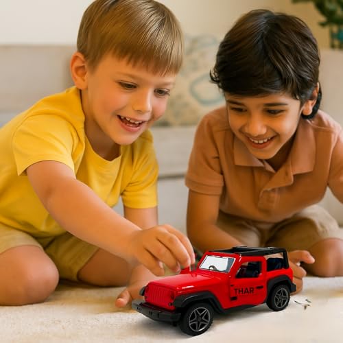Image of 1:36 Scale Thar Diecast Metal Toy Car - Pullback SUV Model with LED Lights, Sound, Openable Doors - Off-Road Jeep Collectible for Kids Boys Girls Age 3+ Years - Red