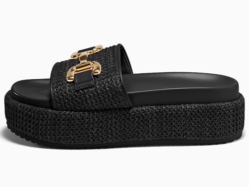 Image of Coutgo Womens Platform Sandals Raffia Espadrilles Metal Chain Slip on Open Toe Cute Beach Slide Sandals
