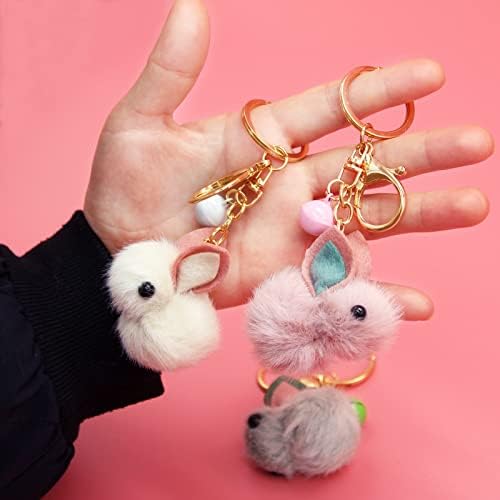 ICEBLUEOR Pom Pom Keychain, 3Pcs Cartoon Cute Faux Fur Bunny Bag Pendant Plush Rabbit Keyring Key Holder Car Hanging Ornament for Girls Kids Easter Gift