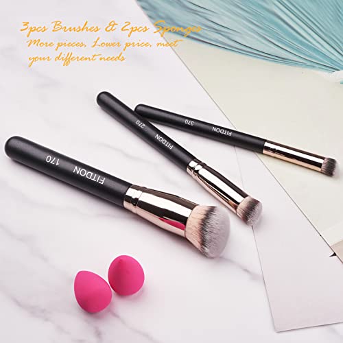 Fitdon 3Pcs Foundation Concealer Brushes & 2Pcs Mini Makeup Sponge Blender, Flawless For Blending Liquid Cream And Powder, Buffing, Stippling #TOP6
