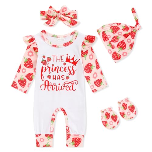 GRNSHTS Newborn Baby Girl Romper Infant Strawberry Print Jumpsuit Letter Bodysuit+Hat+Headband+Gloves Coming Home Clothes Outfits(Strawberry...