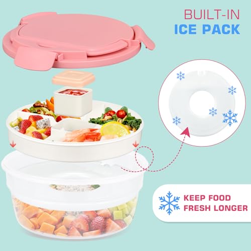 Image of Salad Container for Lunch, Bento Lunch Box 58-oz with 4 Compartments Tray and Ice Pack, Leak-Proof Salad Bowl with Lid for Adults, BPA-Free Lunch Box for Meal Prep & Food Storage (Pink)