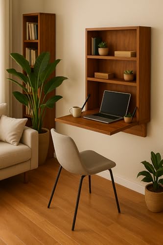 Image of Solid Sheesham Wood Wall Mounted Foldable Study Desk | Honey Finish | Space Saving Writing Table with Shelves | Self Assembly with Screws & Plugs (Honey)