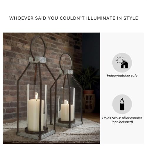 Signature Design by Ashley Diedrick Rustic Lantern, Set of 2, Indoor/Outdoor, Galvanized Metal, Antiqued Finish, Glass Shade, Holds 3 in. Pillar Candles (Not Included), 19" &17", Gray and Black - image 3
