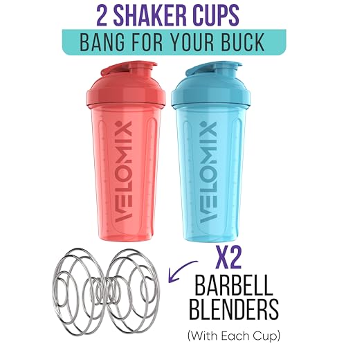 -2 Pack- 28 oz Protein Shaker Bottles for Protein Mixes - 2x Wire Whisk | Leak Proof Shaker Cups for Protein Shakes and Pre Workout | Protein Shaker Bottle Pack (Blue/Pink)