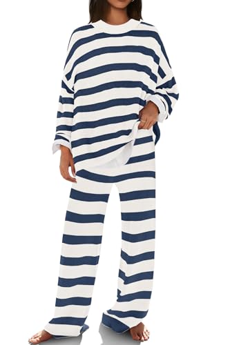Image of SENSERISE Womens Striped Set Sweater Lounge Sets | Pajamas Set, Loungewear Set, Oversized Knit Sweater, Wide Leg Pants with Pockets, High Waisted, Fall Outfits, Pants Set
