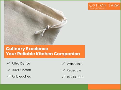 Image of Cotton Farm Nut Milk Bag & Cheese Cloth Bag (Ultra Dense), XL 14 x 14 Inch, 100% Unbleached Cotton Cheesecloth for Precise Food Straining, Washable & Reusable