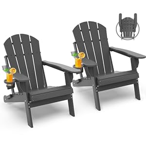 Folding adirondack chairs set of 2 hdpe plastic fire pit chair all weather cup holder grey for deck backyard patio outdoor garden  urban country home decor