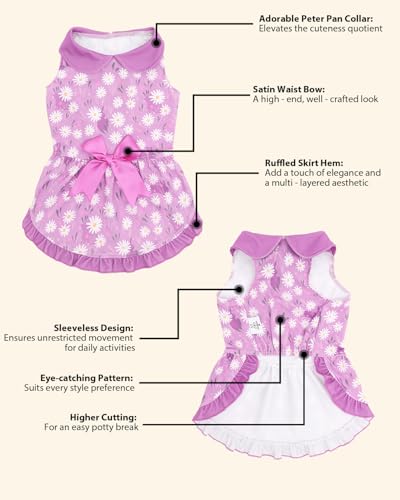 Image of CuteBone Spring Daisy Pet Dress with Peter Pan Collar - Purple Floral Pattern - Sleeveless Ruffled Skirt with Bow for Small Dogs, Cats - Casual & Garden Wear
