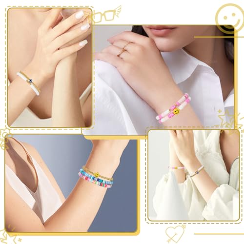 Image of Preppy Bracelets Set Colorful White Gold Smile Heart Star Polymer Beaded Pearl Clay Stackable Charm Y2K Kidcore Aesthetic Summer Beach Bohemian Stretch Layering Bracelets Jewelry for Girls Women Teens