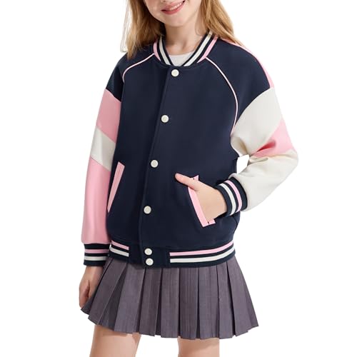 Rolanko Girls Varsity Jackets Baseball Bomber Color Block Letterman Jacket Outwear With Pockets 7-15 Years