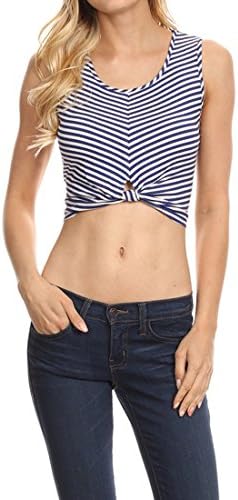 Front Knot Rib Stripe Crop Top (S, OFF-WHITE/ INK BLUE)