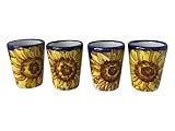 Hand Painted Italian Ceramic Shot Glasses Set of 4, 1.2 oz Sunflower Design Cups, Small Ceramic Limoncello & Tequila Shot Glasses, Artisan Mediterranean Pottery Drinkware, Handmade Tasting Cups