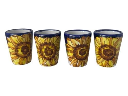 Hand Painted Italian Ceramic Shot Glasses Set of 4, 1.2 oz Sunflower Design Cups, Small Ceramic Limoncello & Tequila Shot Glasses, Artisan Mediterranean Pottery Drinkware, Handmade Tasting Cups