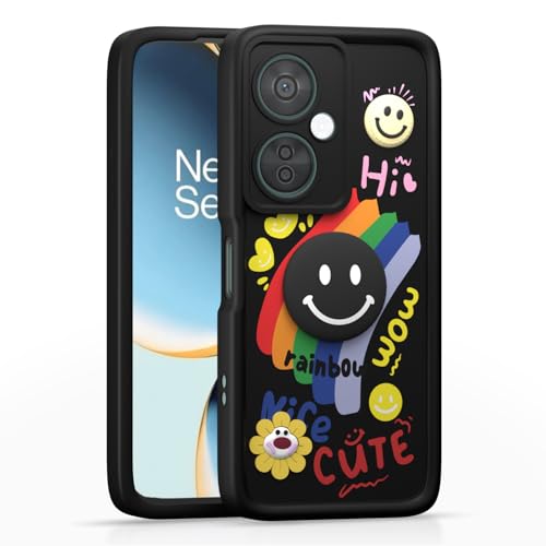 Image of Pikkme Back Cover for OnePlus Nord CE 3 Lite 5G / N30 5G | Soft Silicone| Cute Rainbow Smile & 3D Cartoon Flower Design | Shockproof Raised Camera Protection Bumper Case (Black)