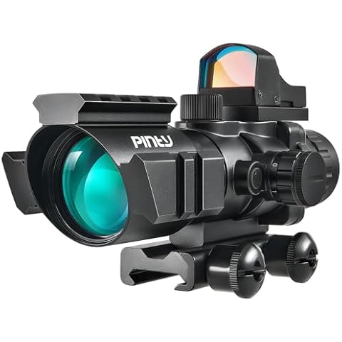 PINTY 4x32 Rifle Scope with Red Dot Sight Combo, Tactical Red Illuminated Prism Scope with 5 Brightness Levels 3 MOA Red Dot Sight for Picatinny Rails, Compact Shooting Hunting Gun Scope Sight Combo Cover