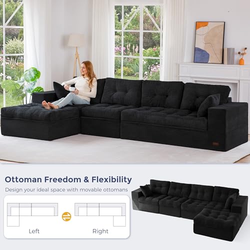 Image of MAXYOYO 132 inch L Shaped Modular Sectional Sofa with Ottoman, Cloud Boneless Couch with Layered Cushion, Upholstered Sofa in a Box, Flexible Module Combination for Living Room, No Assembly, Black