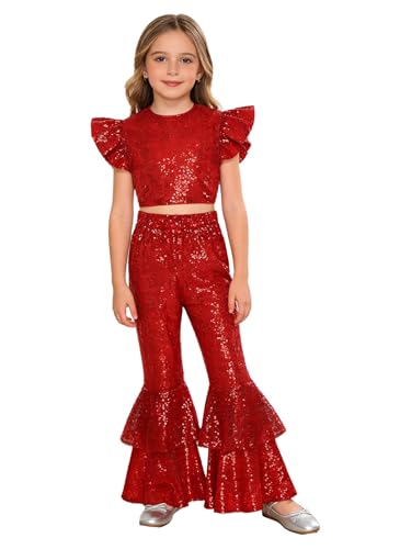 Costume de danse hip hop rouge pour fille de 5 à 6 ans avec gilet en paillettes