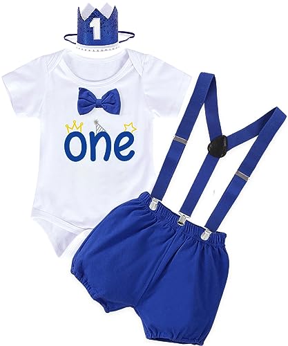 YYDSXK Conjunto Cumpleaños 1 Año Niño, Traje de Primer Cumpleaño, Monos de Manga Corta, Pantalones Cortos con Tirantes, Diadema de Coron, Ropa Bebe 1 Año Conjunto para Fotografía (Azul, 100)