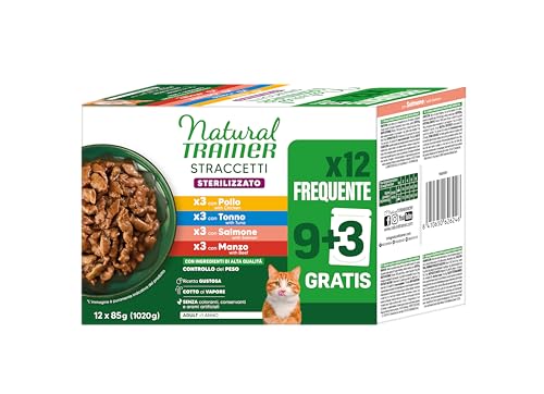 Natural Trainer Straccetti Cibo Umido per Gatti Adulti Sterilizzati - Bocconcini in salsa Multipack (Pollo, Tonno, Salmone, Manzo) 12 x 85g