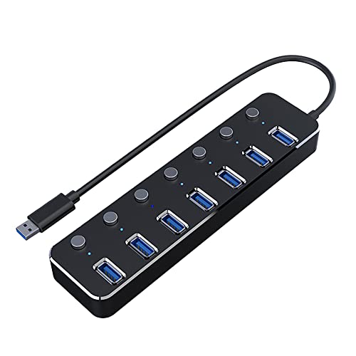 Hub USB 7 ports USB 3.0 avec interrupteurs individuels et indicateurs LED pour PC portable noir