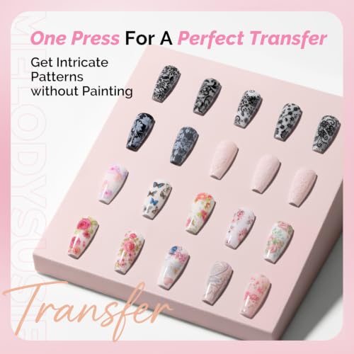 Image of MelodySusie Nail Foil Glue Gel with 20 Rolls Lace Flower Stickers Set | Lace Flower Butterfly Stickers for Nail Art, Professional Strong Sticky Base for Nail Foils & Stickers, Need Cure
