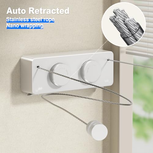 Image of MUSTORN Retractable Twin Clothesline Indoor, Non-Sagging Outdoor Clothes Line Retracting Heavy Duty Clothes Drying Laundry Line Wall Mounted Stainless Steel Line-13.8Feets(Double Line-White)