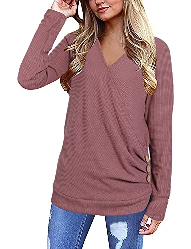 Blooming Jelly Womens V Neck Long Sleeve Tunic Waffle Knit Wrap Tops Casual T-Shirts Blouse(L,Rust Red) #TOP16