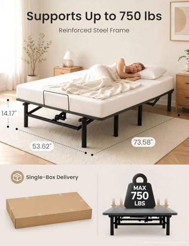 Image of Full Size Adjustable Bed Base with Wireless Remote & USB Ports - Quiet Motor Heavy Duty 750lbs Capacity Bed Frame for Elderly Back Pain Relief, Foldable Design, Mattress Friendly Adjustable Base