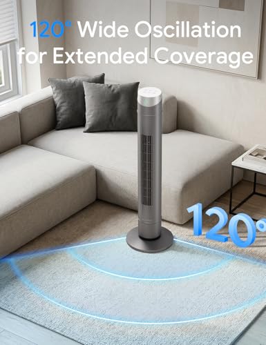 Image of ZAFRO Smart Tower Fan for Bedroom,120 Oscillating Fans that Blow Cold Air | 28ft /s High-Speed 12 Speeds 4 Modes Upgraded DC 22dB Ultra Quiet,App /Voice Control,Standing Fan with 12H Timer,42Inch,Grey