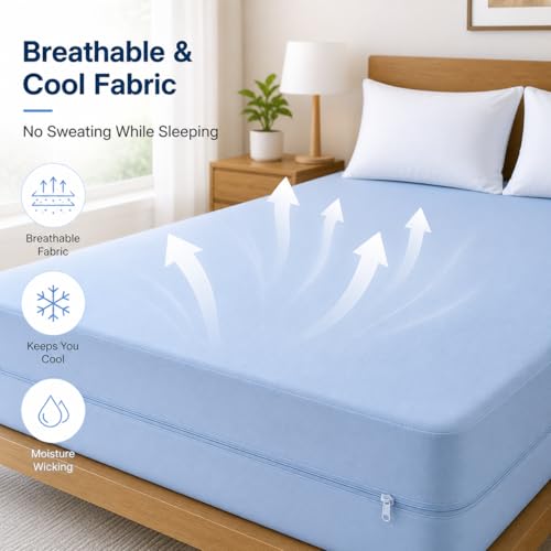 Image of 100% Waterproof Single Size Zipper Mattress Encasement - Ultra Soft & Breathable Six-Sided Bed Cover, Dustproof Noiseless Fitted Design, 72x36 Inch (6x6 Feet), Fits Up to 6 Inch Mattress, Light Blue