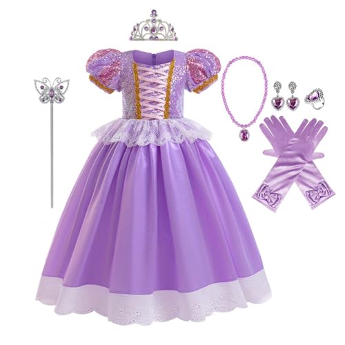 IZKIZF Girls Sofia Princess Costume Birthday Halloween Christmas Party Rapunzel Cosplay Fancy Dress Up Outfits w/Accessories Purple 4-5T