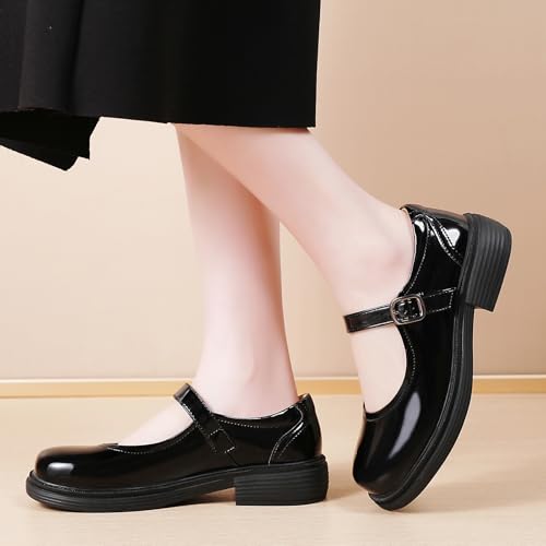 Image of Women Black Mary Jane Flats Non Slip Comfort Office Work Dress School Shoes | OKJ Women's mary janes flat Platform Comfortable maryjane patent leather Dressy Round Toe chunky Cute Shoes