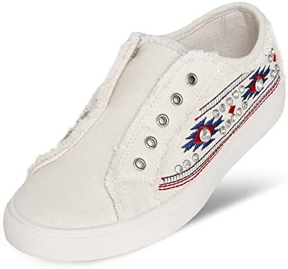 White Shoes for Women Canvas Fashion Sneakers Slip On Tennis Shoes Women's Walking Shoes Glitter Rhinestones Aztec Flats 900-S023BG-9