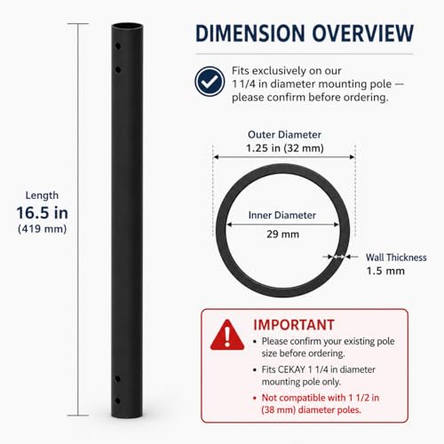 Image of Extension Pole for CEKAY Diameter 1.25 inch J Pole Mount (Diameter 1.25 inch, Extension 16.5 inch, Black)