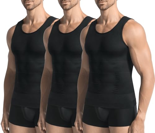 Image of 3 Pack Compression Shirt Men Body Shaper Vest Workout Tank Top | Tummy Control Slimming Undershirts,Gym Shapewear for Mens,Hides Man Boobs
