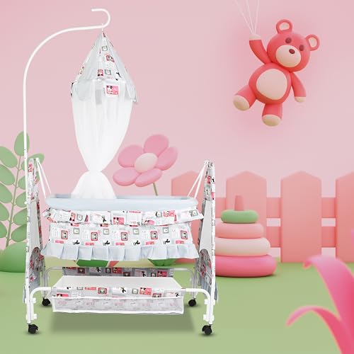 Image of New Born Baby Soft Seat Cradle with Swing and Mosquito Net, Four Wheels with Brake Lock for Swing Cradle /Jhula /Palna /Bed /Baby Safe for 0-2 Years (Grey)