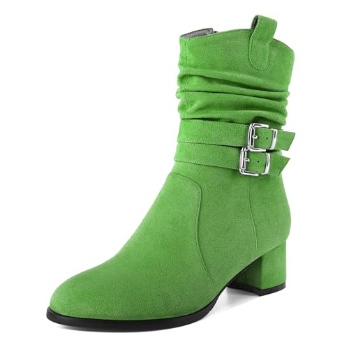 Bottines courtes pour femmes à talons chunky et bout rond avec zip et double boucle tendance