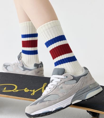 Image of 3 Pairs Women Striped Tube Socks Fun Novelty Cute Crew Socks Retro Sport Mid-Calf Socks for Women Grils