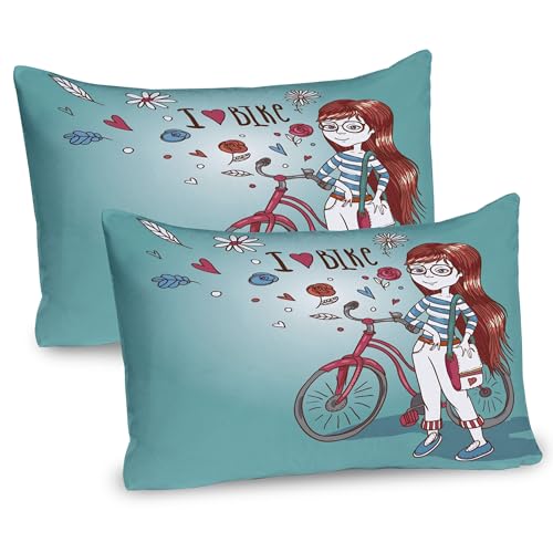 Ambesonne Cartoon Pillow Sham Set of 2, Love My Bike Theme Girl with Bicycle Vintage Flowers Illustration, Quality Microfiber Bedding Item for All Seasons, 30