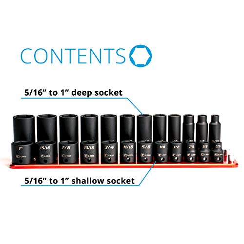 Image of Capri Tools 3 /8-Inch Drive Shallow and Deep Impact Socket Set, SAE, 5 /16 to 1 in., Premium Chrome Molybdenum Steel, 24-Piece with Billet Aluminum Socket Rail