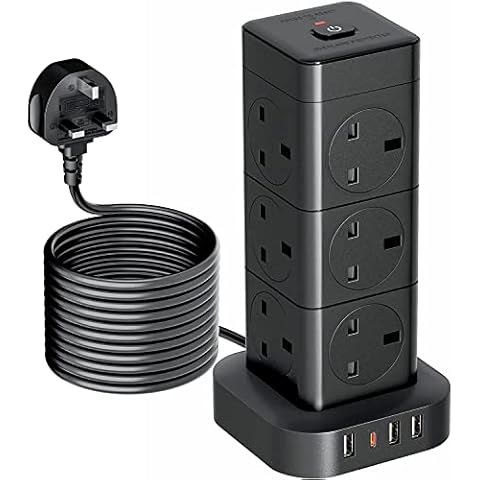 Hulker 5M Tower Extension Lead with USB, Vertical Power Strip 12 Way 4 USB Slots (1 Type C and 3 USB Ports) Multi Plug Extension Socket with Overload Protection 3250W 13A 5 Meters Long Extension Cord Cover