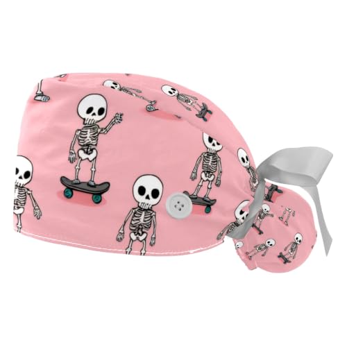 Image of 2 PCS Bouffant Cap with Button Ponytail Pouch Working Cap Sweatband Adjustable Surgical Cap Black and White Cow