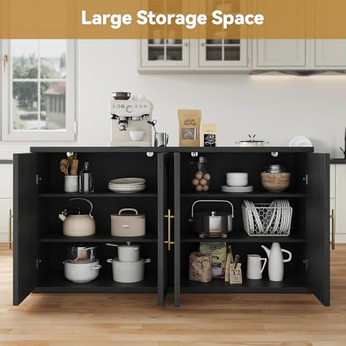 Image of 63 inch Buffet Cabinet, Fluted Sideboard Cabinet with Storage, Wood Black