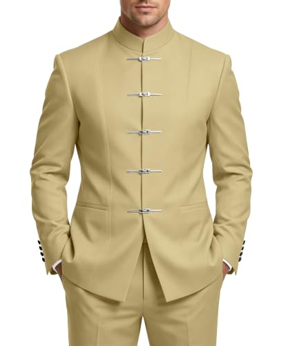 LAYEREDJPXZV Champagne Suits for Men 2 Piece Slim Fit Chinese Tunic Suit for Men's Mandarin Collar Suits with Metal Clasp Champagne Mens Suit Wedding Prom Business 2XL