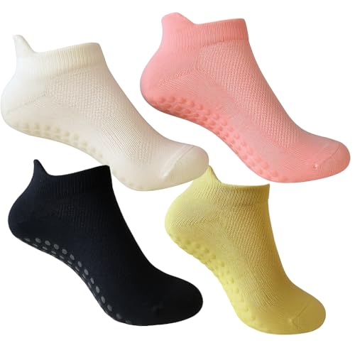 Image of Yoga Socks 4 Pairs /Non-Slip Grip Socks,Barre, Dance, Trampoline, Hospital,Breathable Cotton, Moisture-Wicking