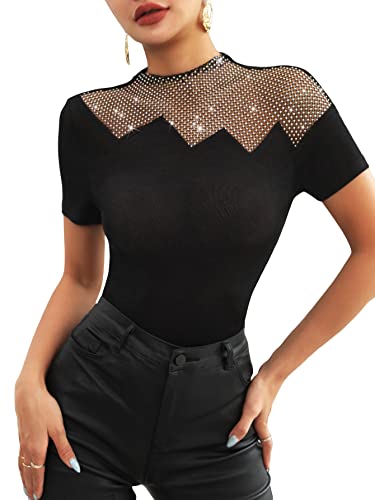 Wdirara Women's Mesh Rhinestone Mock Neck Short Sleeve Tee Top Slim T Shirt Black L #TOP21