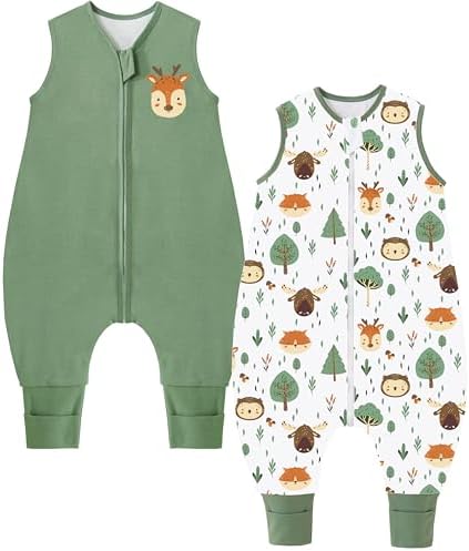 Chilsuessy 2er Pack Baby Sommerschlafsack mit Füßen 0.5 Tog Kleine Kinder Schlafsack mit Beinen 100% Baumwolle Schlafstrampler für Jungen Mädchen, Grün + Waldtiere, 80cm/Baby Höhe