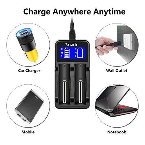 Snado LCD Universal Battery Charger for Li-ion/Ni-MH/Ni-Cd 18650 18500 18490 18350 17670 17500 16340 (RCR123) 14500 A AA AAA AAAA Rechargeable Batteries, with Smart Charging Capability (2 Slots)